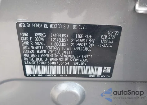 2021 Honda Hr-V Awd Ex из США, поврежденный, VIN 3CZRU6H56MM705154